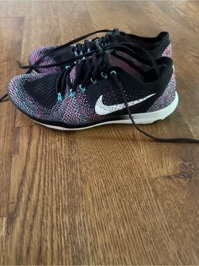 Nike Women's Flyknit Running Shoes - Black with Pink & Teal Highlights